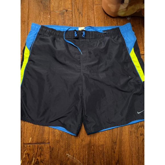 Nike Other - Nike Swim Trunks Mens XXL Navy Blue Neon Yellow Stripe Board Shorts Cargo Pocket
